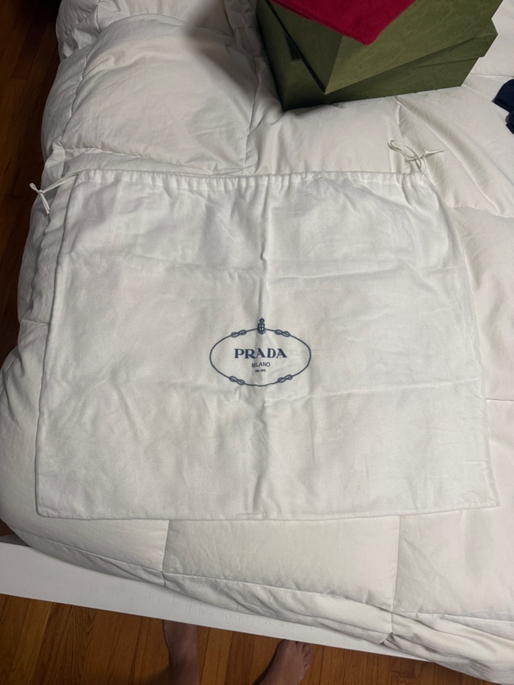 Prada White Cotton Drawstring Dust Bag with Navy Logo